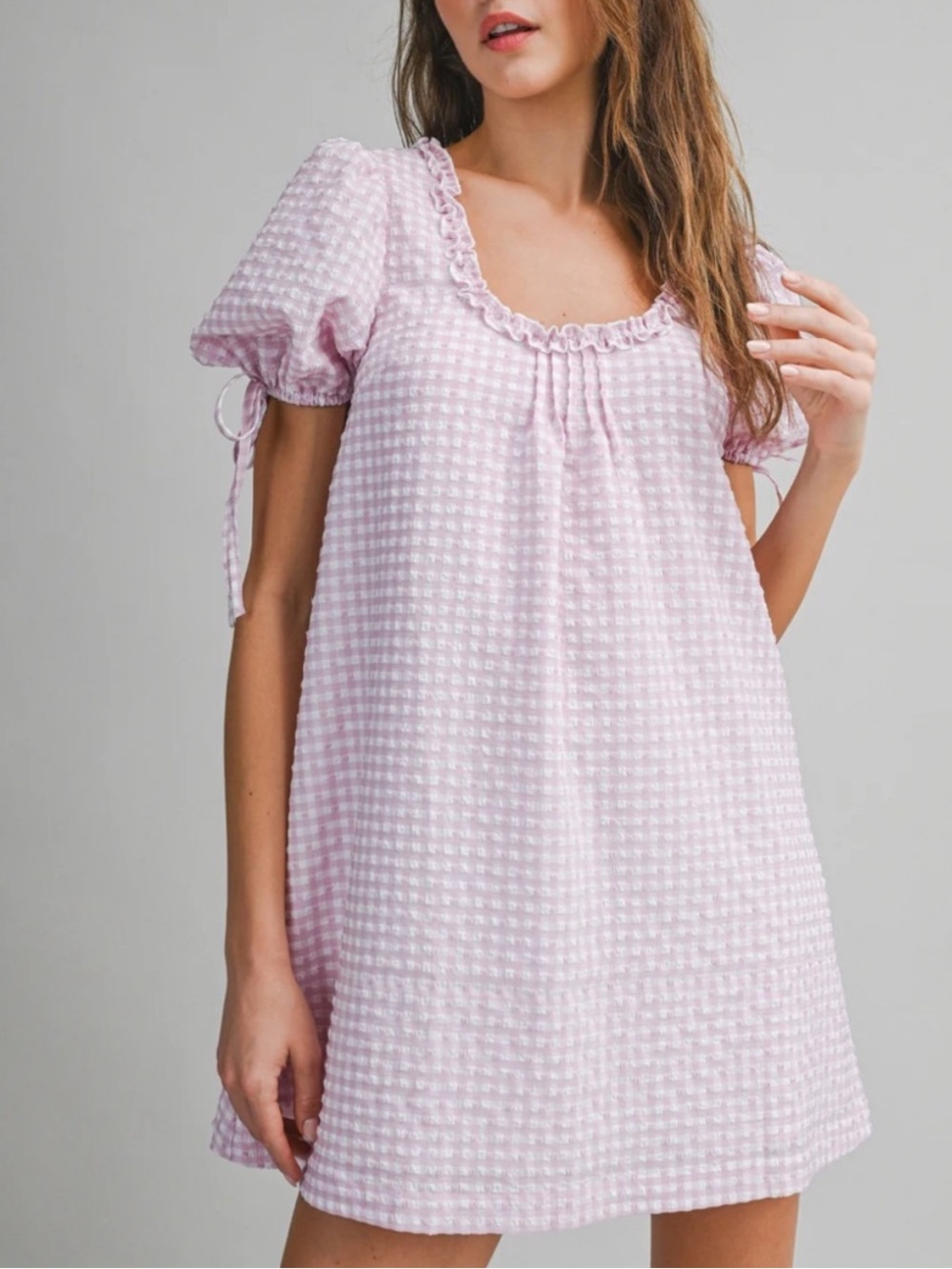 Endless Blu Pink White Gingham Puff Tie Sleeve Ruffle Babydoll Mini Dress NWT S